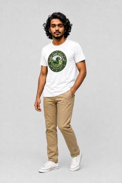 Man wearing white dachshund golf t-shirt with Short Game Specialist crest print, full body