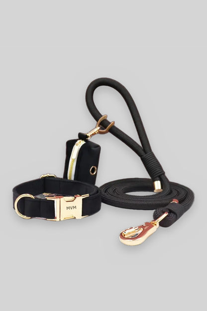 MVM Evergreen dog collar and leash set in black, packshot