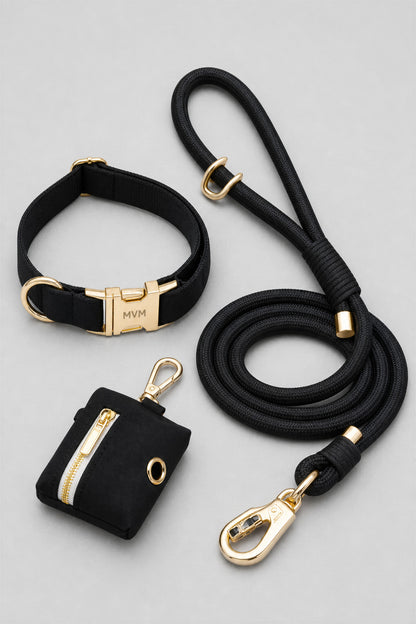 MVM Evergreen dog collar and leash set in black with velvet collar, rope leash and poop bag holder