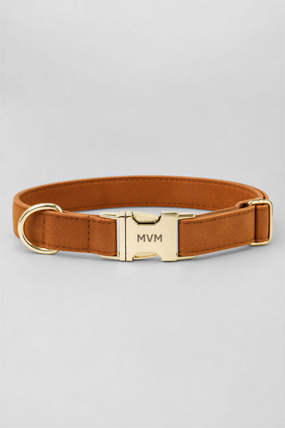 Caramel velvet MVM Evergreen dog collar with engraved gold MVM buckle, detail