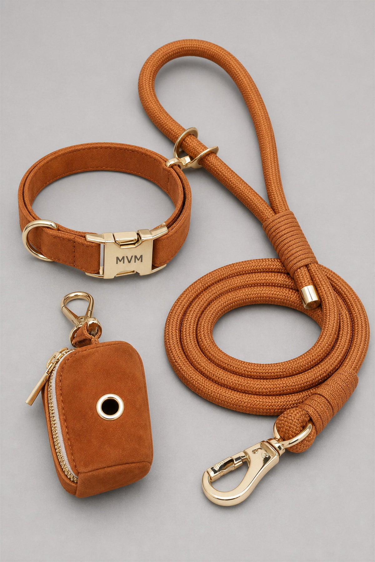 MVM Evergreen dog collar and leash set in camel with velvet collar, rope leash and poop bag holder