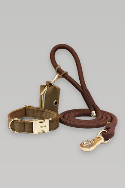 MVM Evergreen dog collar and leash set in chocolate, packshot