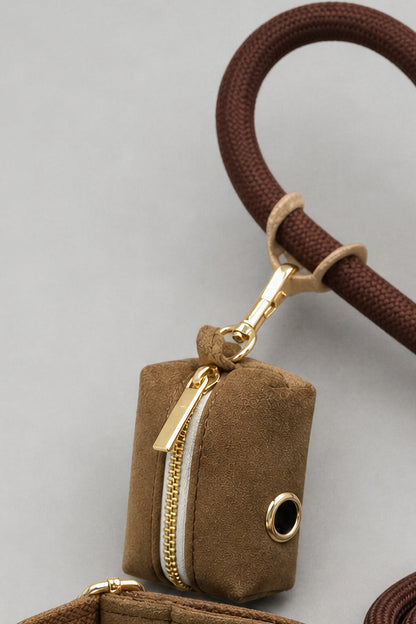 Olive brown velvet poop bag holder with gold zipper from the MVM Evergreen set, detail