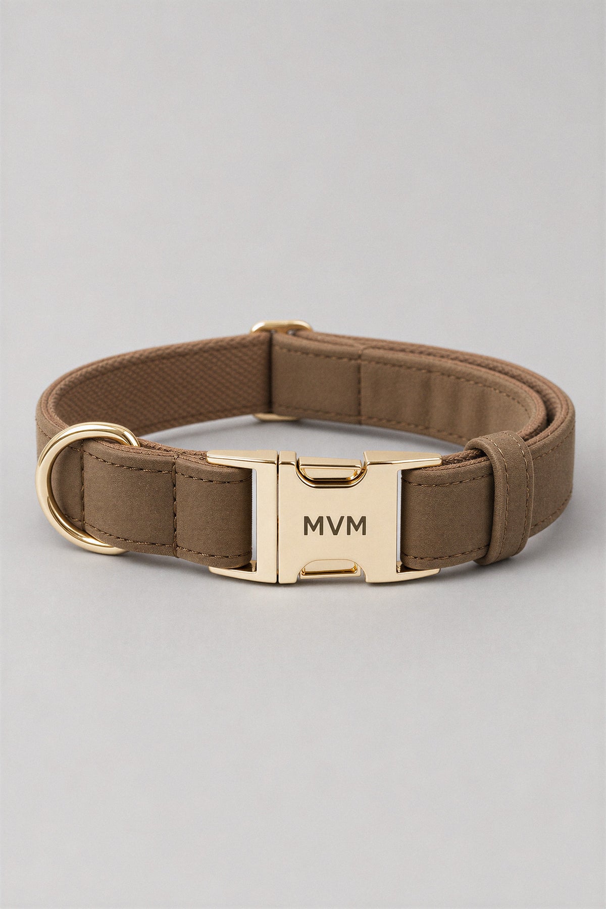 Olive brown velvet MVM Evergreen dog collar with engraved gold MVM buckle, detail