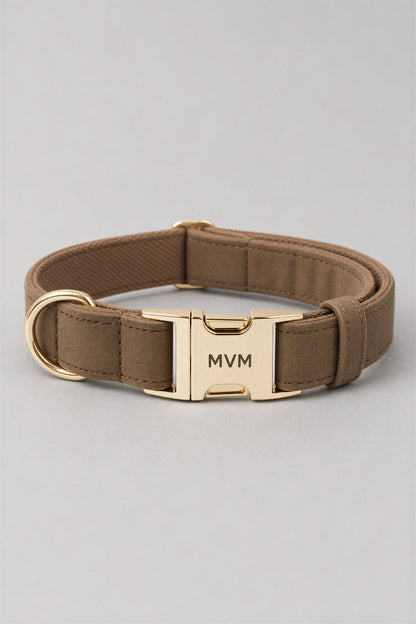 Olive brown velvet MVM Evergreen dog collar with engraved gold MVM buckle, detail