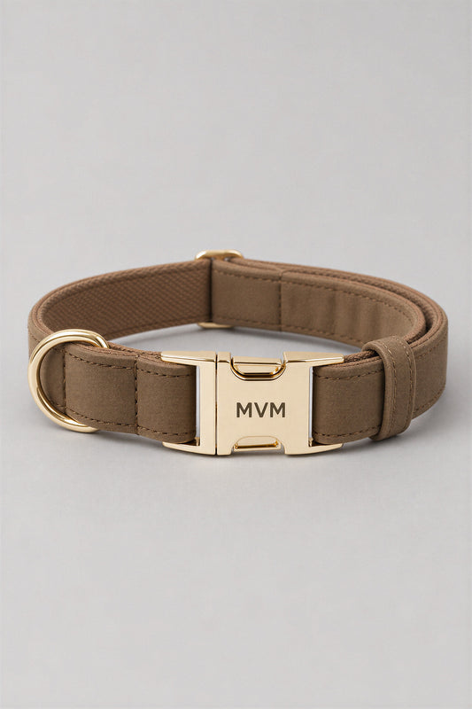 Olive brown velvet MVM Evergreen dog collar with engraved gold MVM buckle, detail