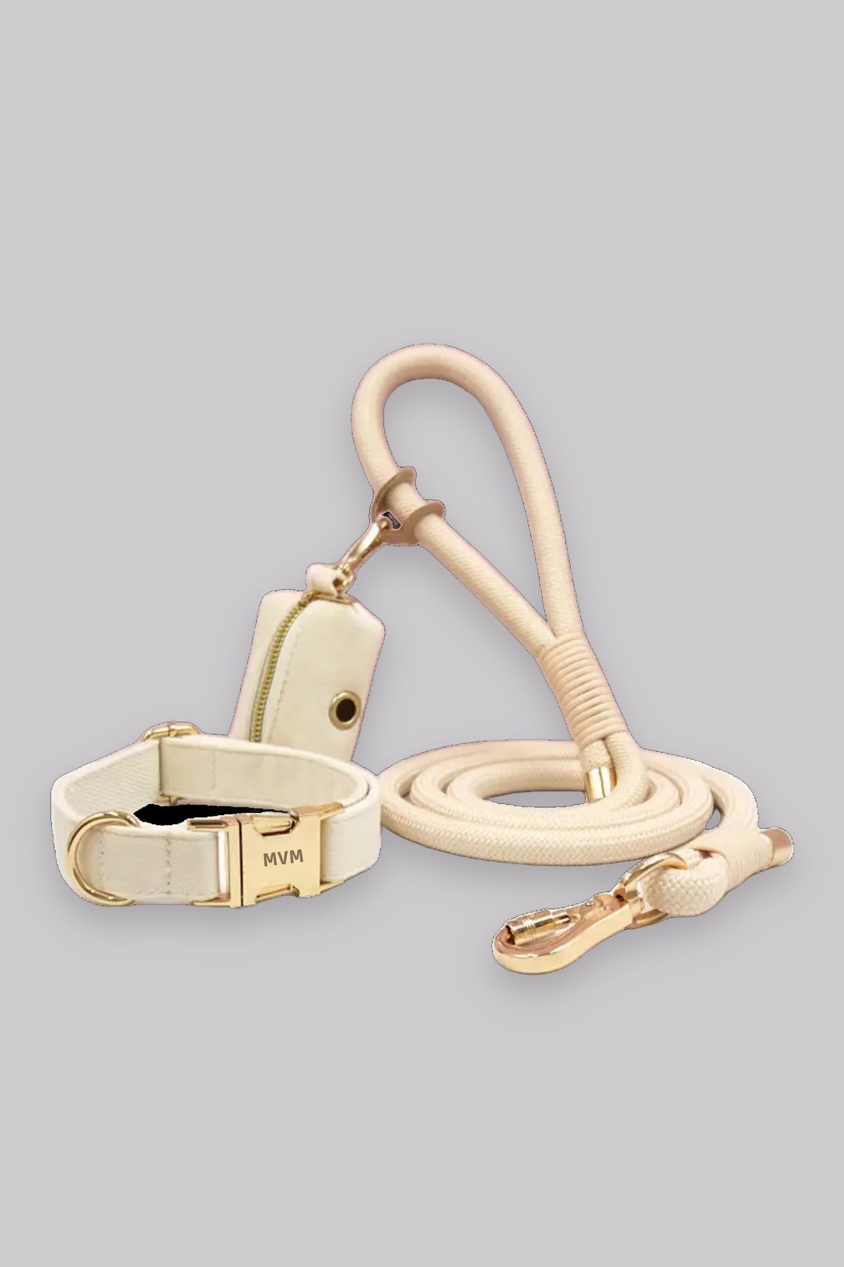 MVM Evergreen dog collar and leash set in warm beige, packshot