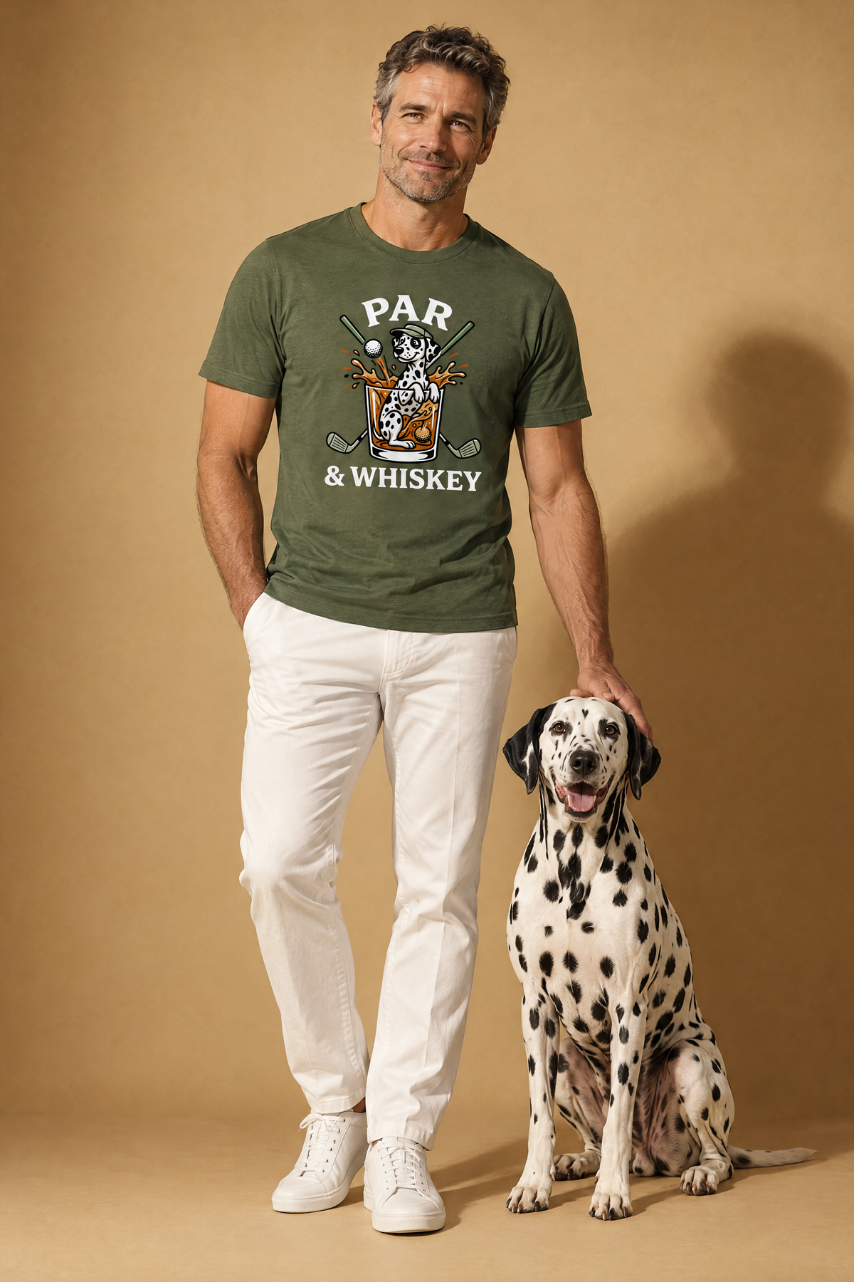 Man in the military green Par & Whiskey Dalmatian golf t-shirt with his Dalmatian
