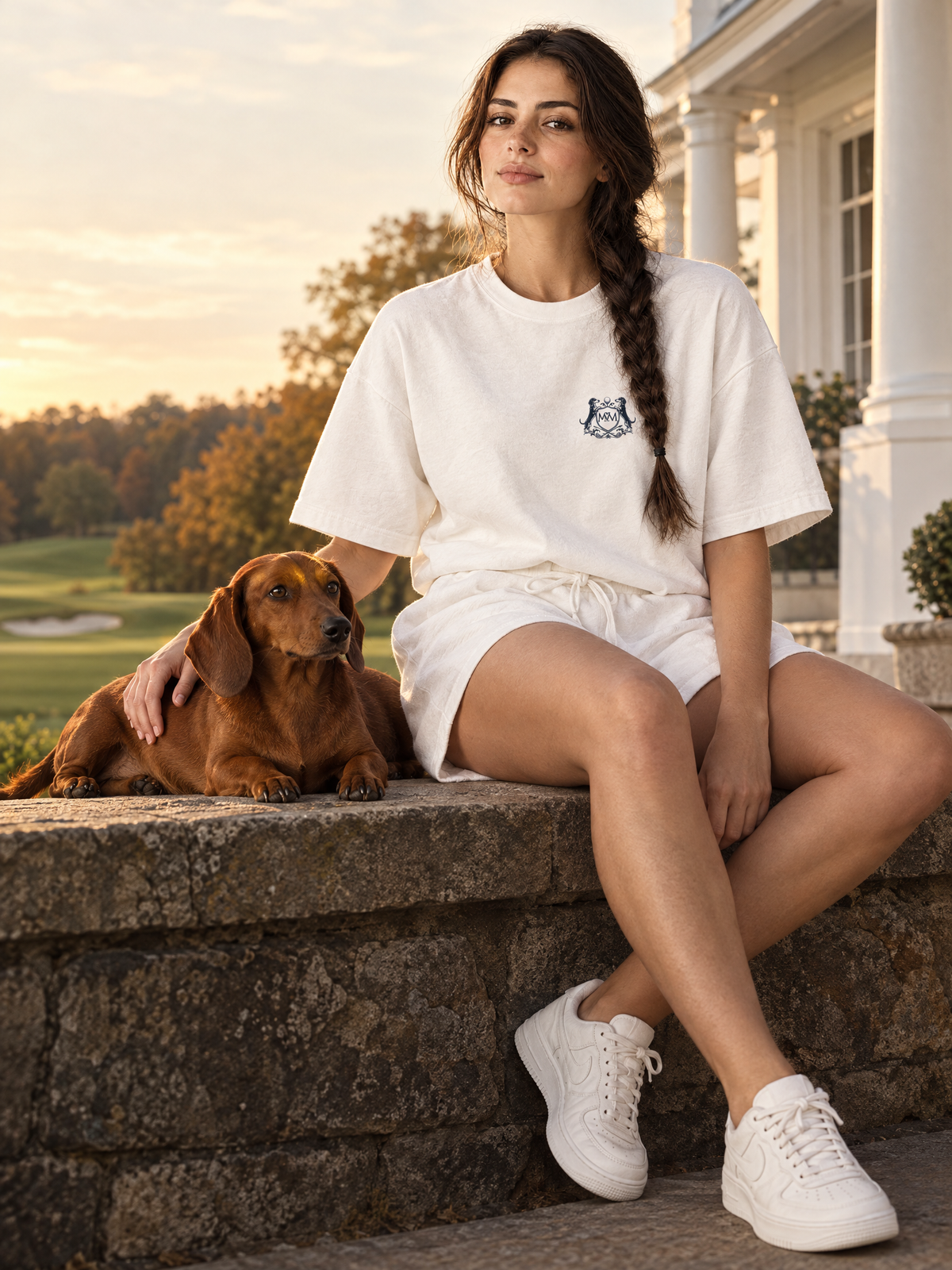 Woman in the white Club Crest tee and shorts sitting on a clubhouse terrace wall with her dachshund