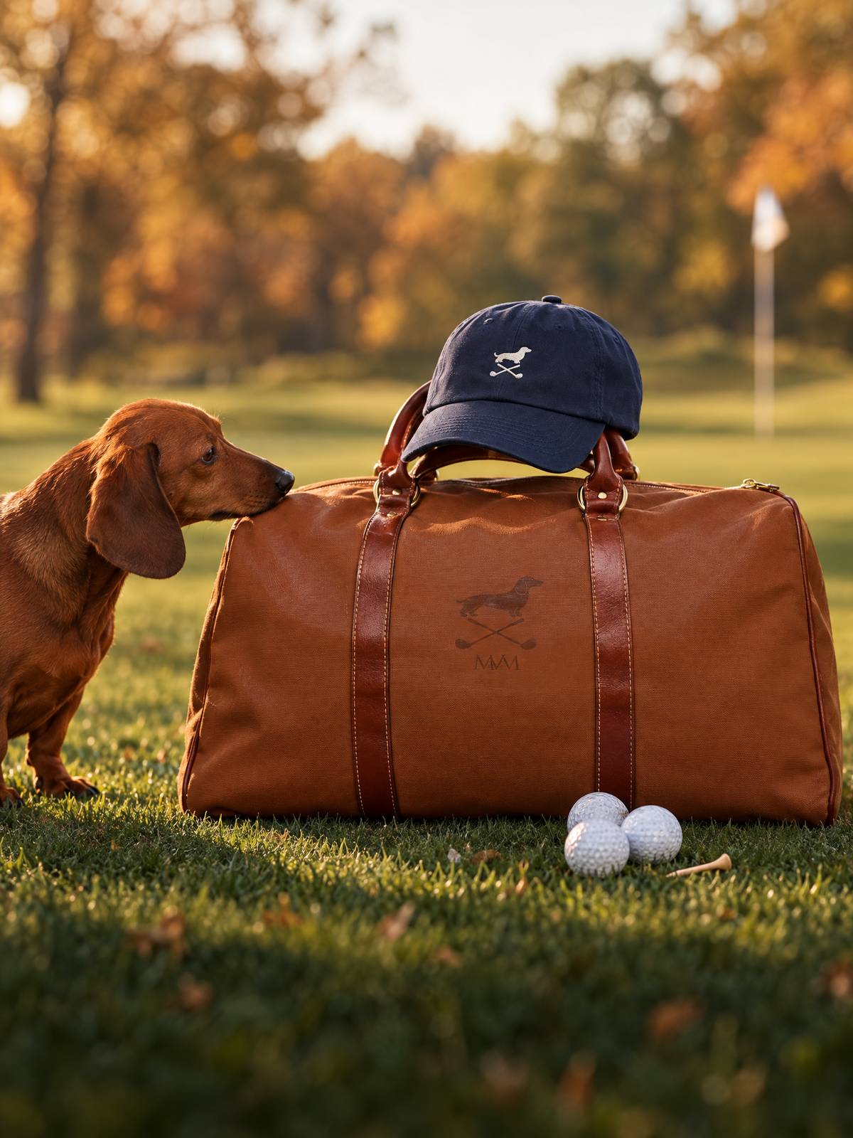 Cognac Club Mark golf travel bag with a navy dachshund golf cap on a fairway, a dachshund sniffing the bag