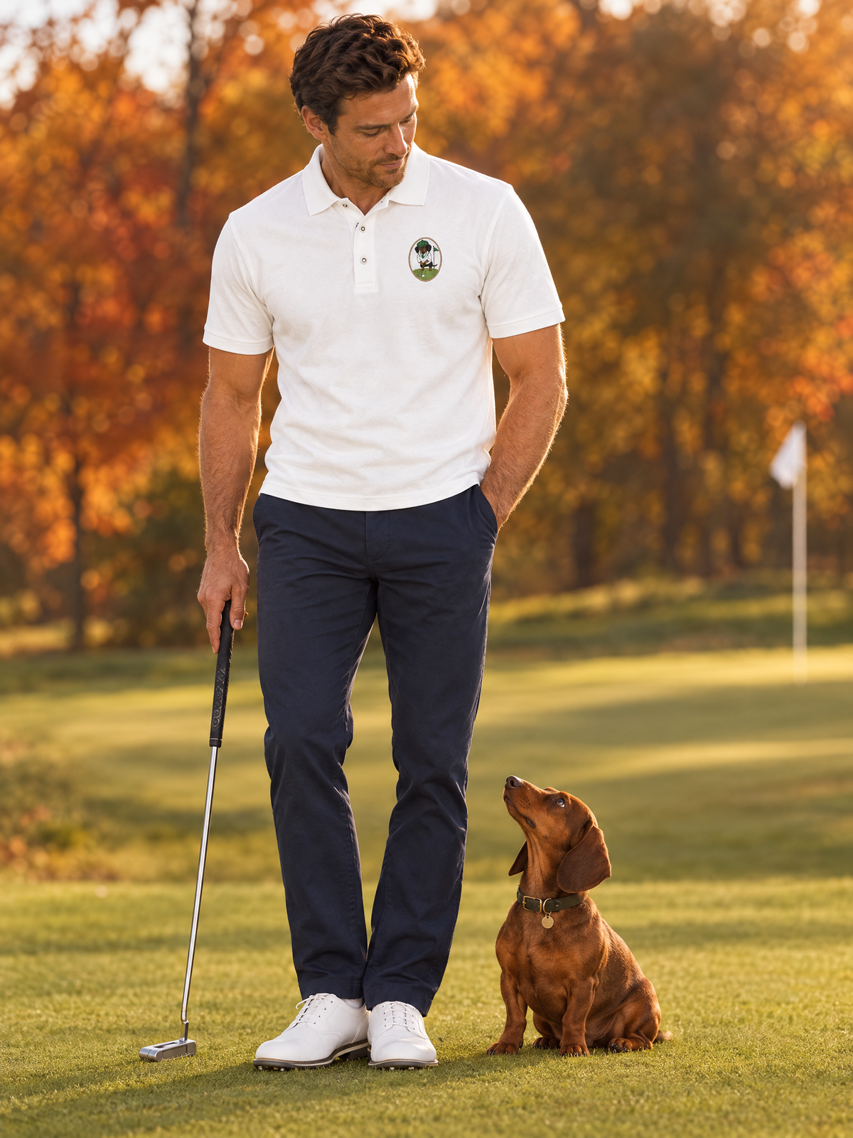 Man in the white Dachshund Crest embroidered golf polo with a putter on an autumn golf course, his dachshund looking up at him