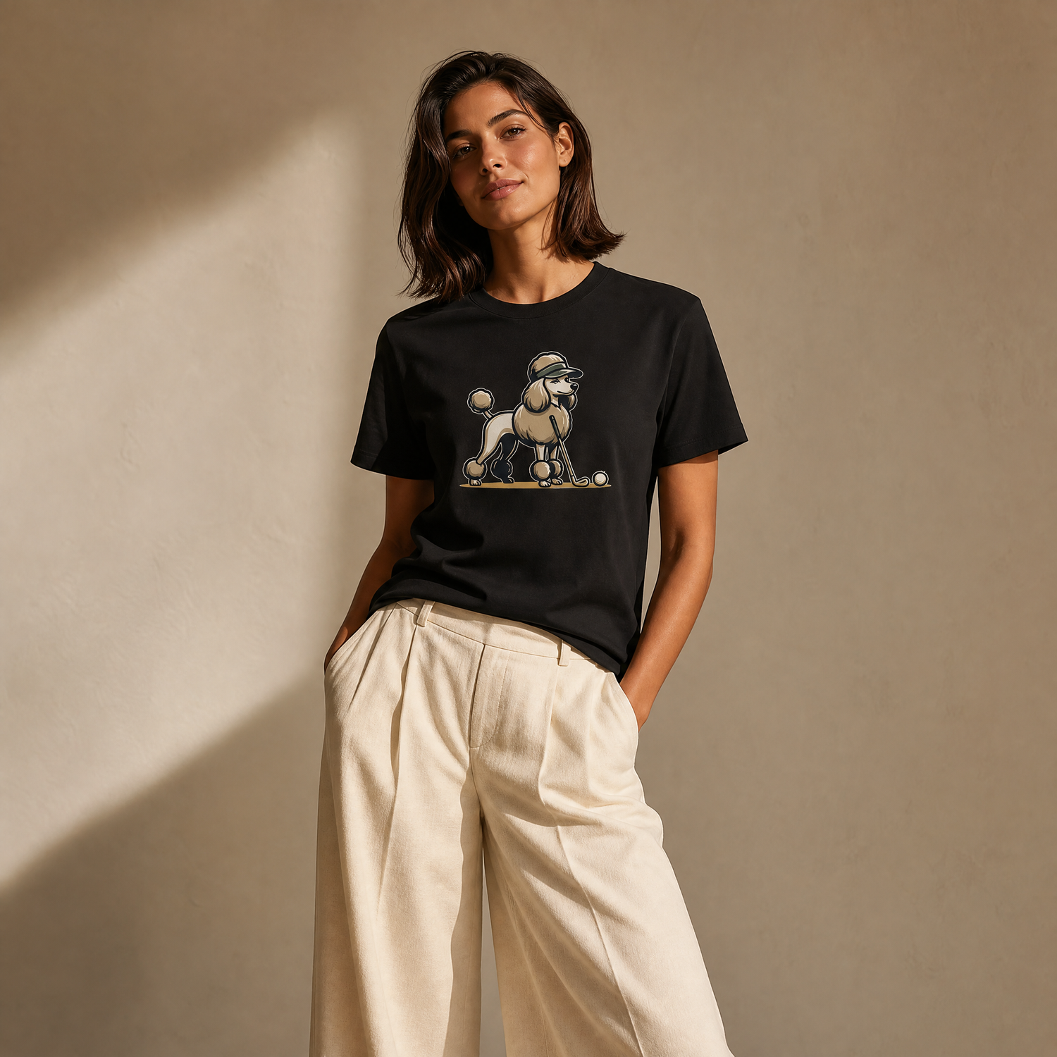 Woman wearing poodle print womens t-shirt, MVM SitHappens dog apparel collection