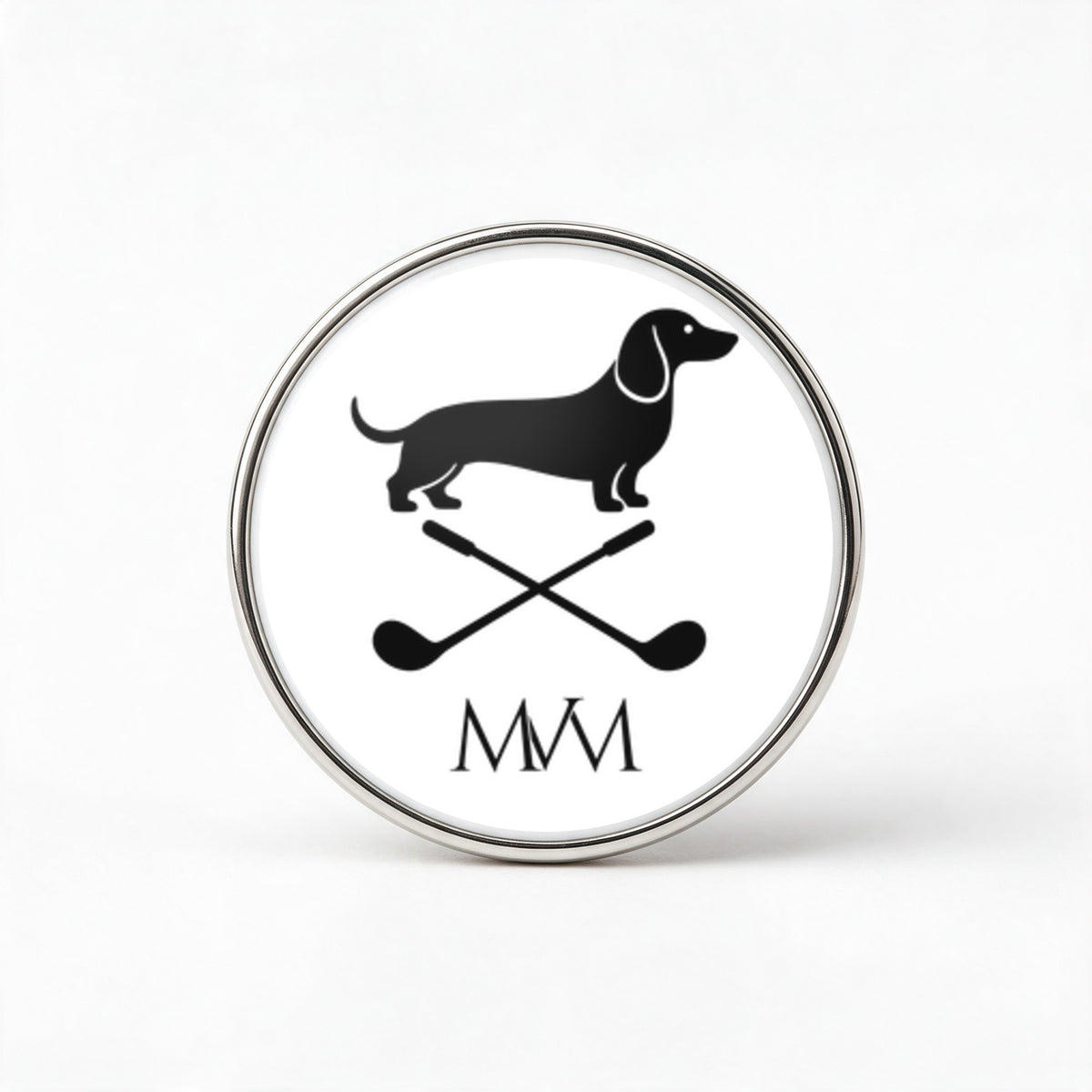 Club Mark Engraved Golf Ball Marker with dachshund and crossed clubs, front view, SitHappens