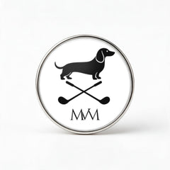 Club Mark Engraved Golf Ball Marker with dachshund and crossed clubs, front view, SitHappens