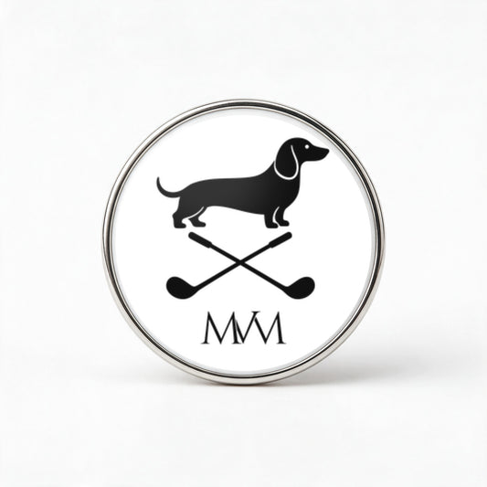 Club Mark Engraved Golf Ball Marker with dachshund and crossed clubs, front view, SitHappens