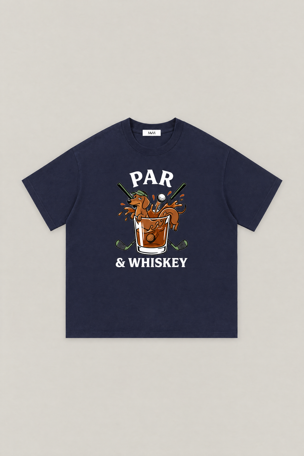 Par & Whiskey Dachshund Golf Tee in navy, flat lay front view. Color: Navy
