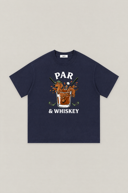 Par & Whiskey Dachshund Golf Tee in navy, flat lay front view. Color: Navy