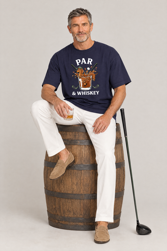 Man sitting on a whisky barrel with a golf club in the navy Par & Whiskey Dachshund Golf Tee. Color: Navy