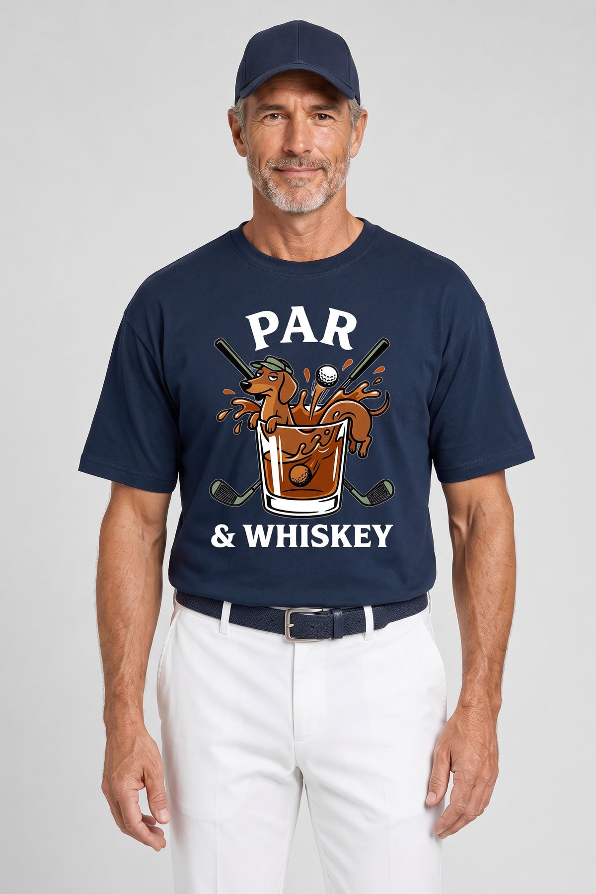 Man wearing the Par & Whiskey Dachshund Golf Tee in navy