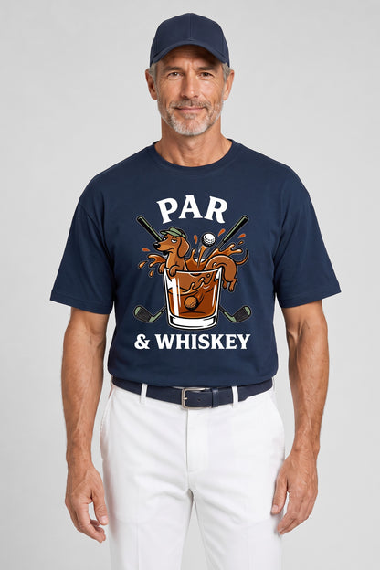 Man wearing the Par & Whiskey Dachshund Golf Tee in navy