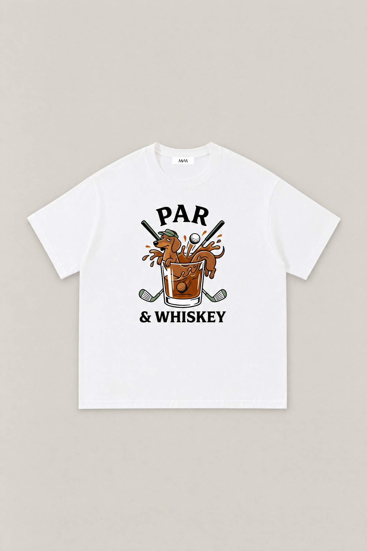 Par & Whiskey Dachshund Golf Tee in white, flat lay front view. Color: White