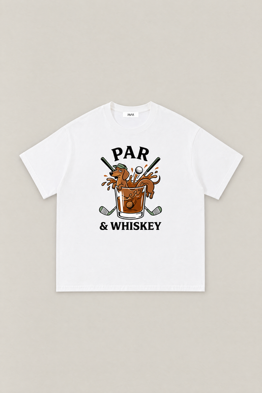 Par & Whiskey Dachshund Golf Tee in white, flat lay front view. Color: White