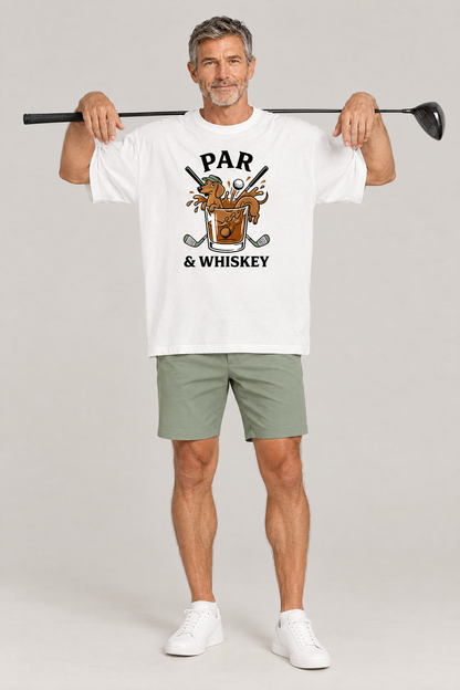 Man holding a driver behind his shoulders in the white Par & Whiskey Dachshund Golf Tee. Color: White