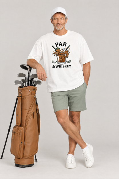 Man leaning on a leather golf bag in the white Par & Whiskey Dachshund Golf Tee. Color: White