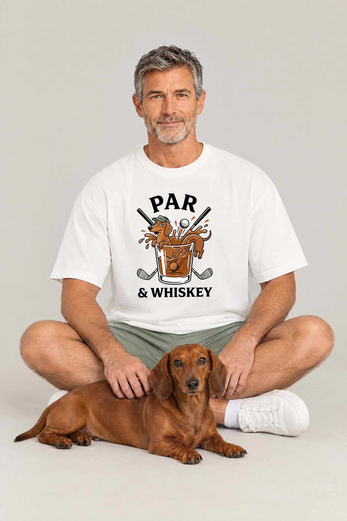 Man sitting on the floor with a red dachshund in the white Par & Whiskey Dachshund Golf Tee. Color: White
