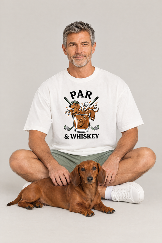 Man sitting on the floor with a red dachshund in the white Par & Whiskey Dachshund Golf Tee. Color: White