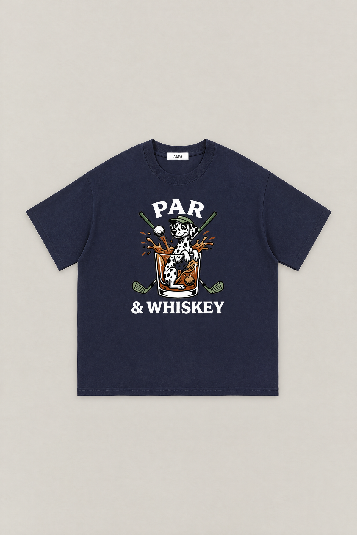 Par & Whiskey Dalmatian Golf Tee in navy, flat lay front view. Color: Navy