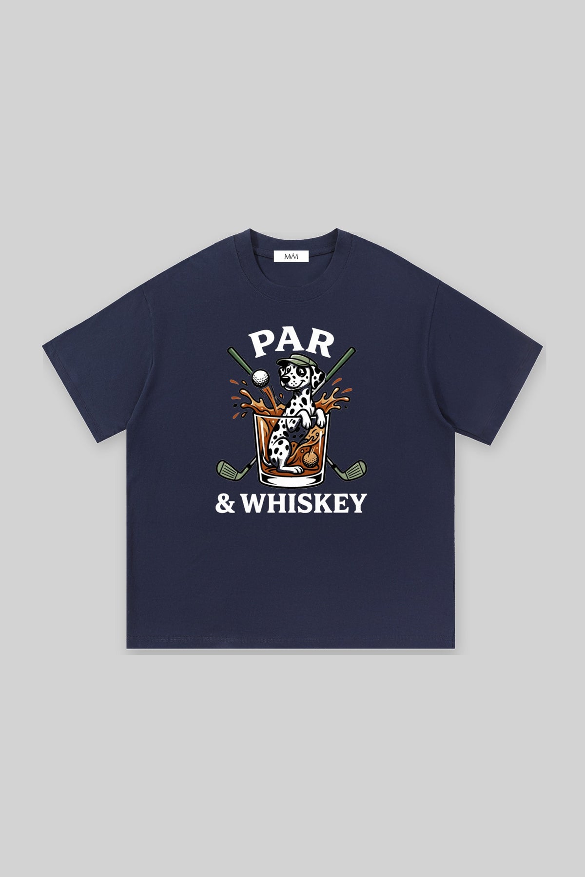 Par & Whiskey Dalmatian Golf Tee in navy, front view
