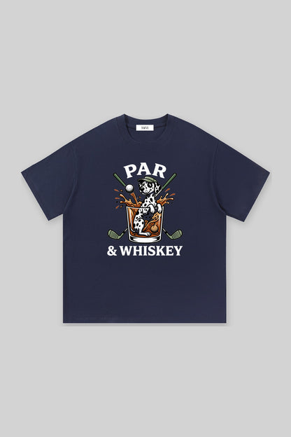 Par & Whiskey Dalmatian Golf Tee in navy, front view