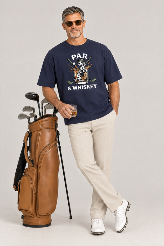 Man leaning on a leather golf bag with a whisky glass in the navy Par & Whiskey Dalmatian Golf Tee. Color: Navy