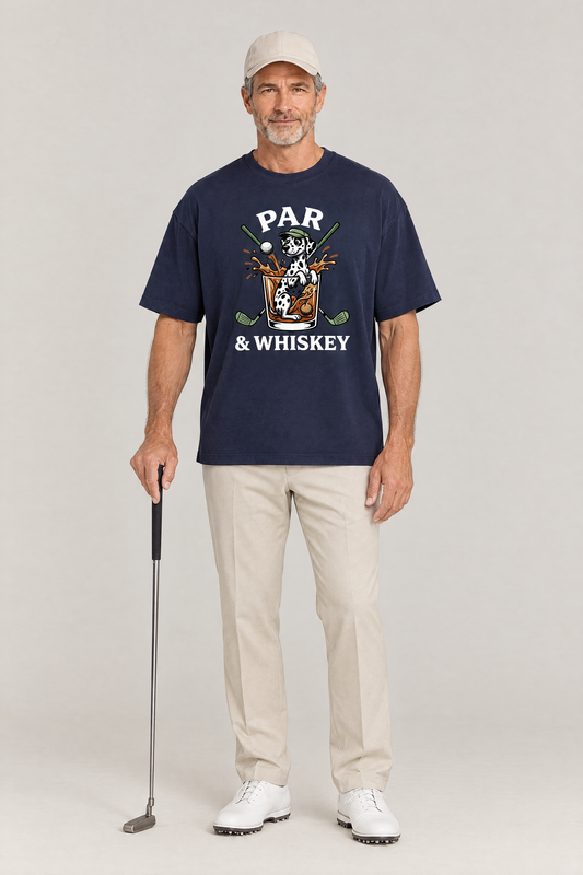Man holding a golf putter in the navy Par & Whiskey Dalmatian Golf Tee with stone trousers. Color: Navy