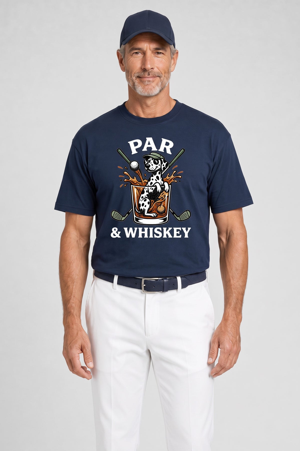 Man wearing the Par & Whiskey Dalmatian Golf Tee in navy