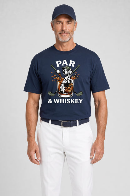 Man wearing the Par & Whiskey Dalmatian Golf Tee in navy
