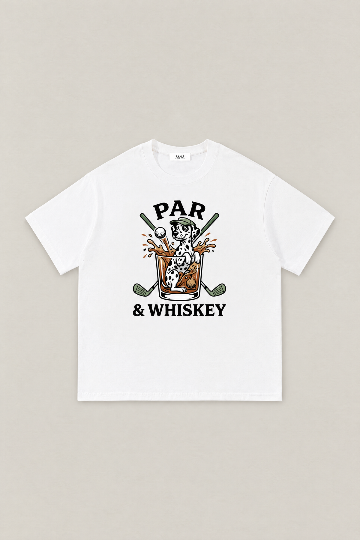 Par & Whiskey Dalmatian Golf Tee in white, flat lay front view. Color: White