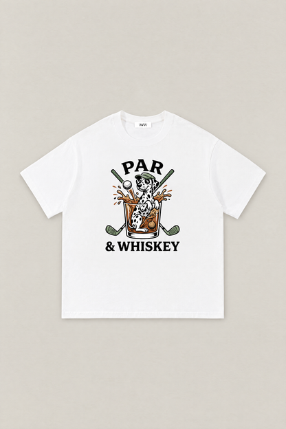 Par & Whiskey Dalmatian Golf Tee in white, flat lay front view. Color: White