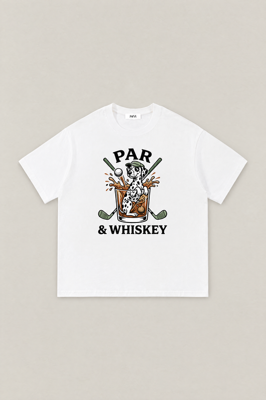 Par & Whiskey Dalmatian Golf Tee in white, flat lay front view. Color: White