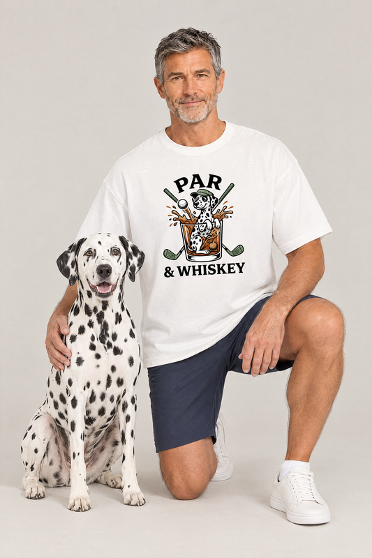 Man kneeling next to a Dalmatian dog in the white Par & Whiskey Dalmatian Golf Tee. Color: White