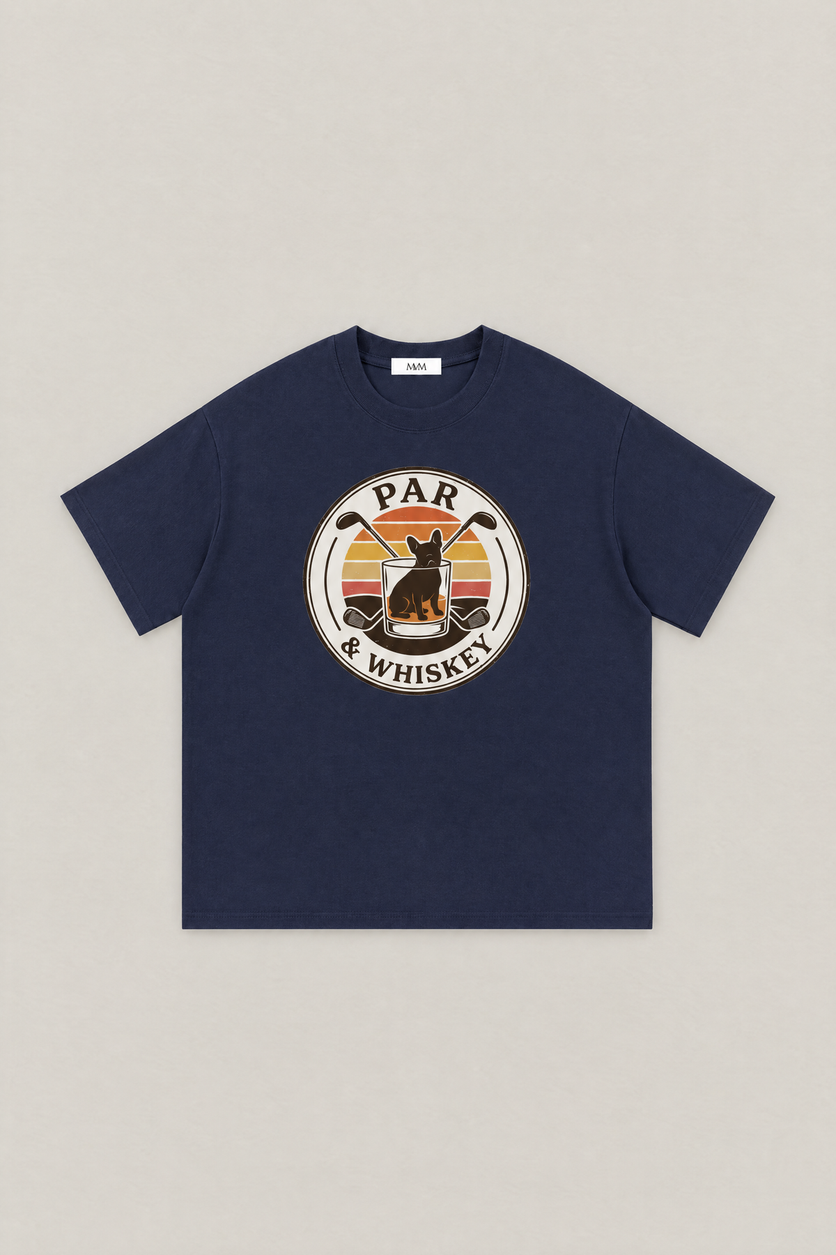 Par & Whiskey French Bulldog Badge Golf Tee in navy, flat lay front view. Color: Navy