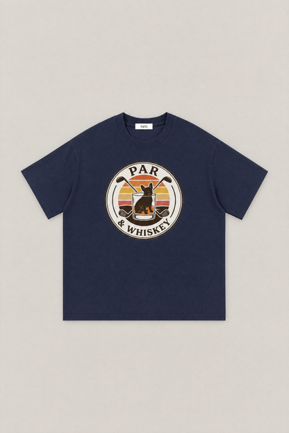 Par & Whiskey French Bulldog Badge Golf Tee in navy, flat lay front view. Color: Navy