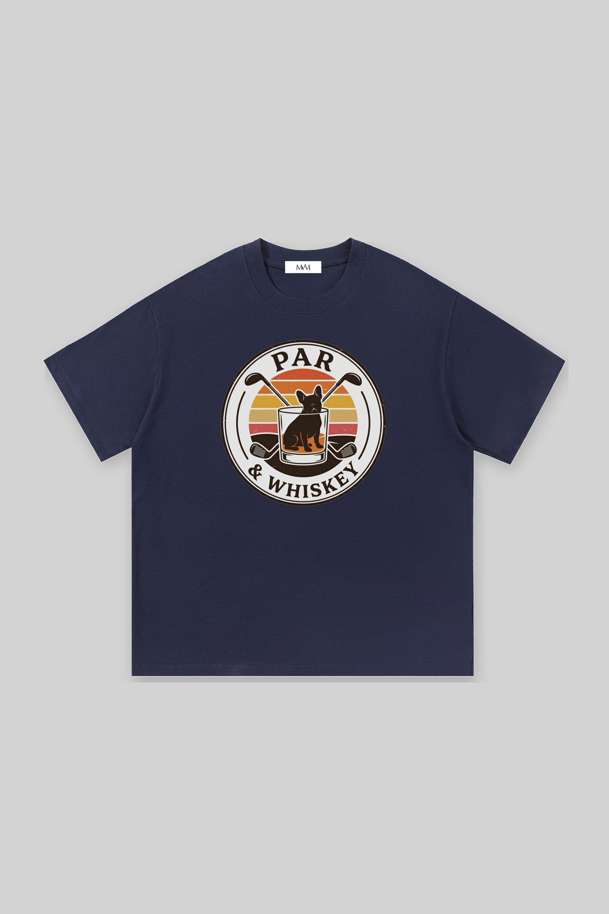 Par & Whiskey French Bulldog Badge Golf Tee in navy, front view