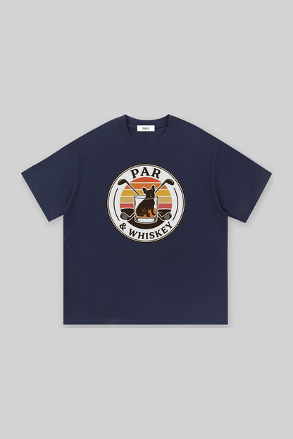 Par & Whiskey French Bulldog Badge Golf Tee in navy, front view