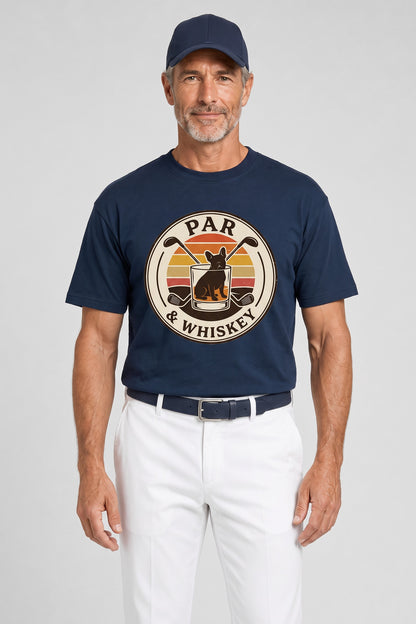 Man wearing the Par & Whiskey French Bulldog Badge Golf Tee in navy