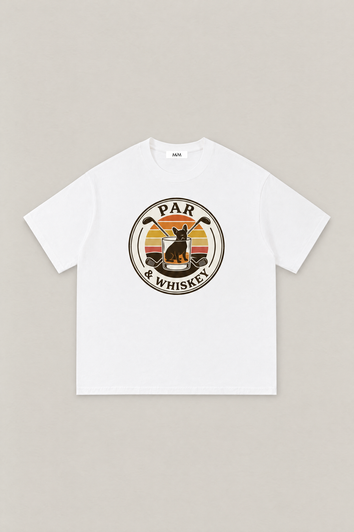 Par & Whiskey French Bulldog Badge Golf Tee in white, flat lay front view. Color: White