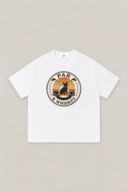Par & Whiskey French Bulldog Badge Golf Tee in white, flat lay front view. Color: White