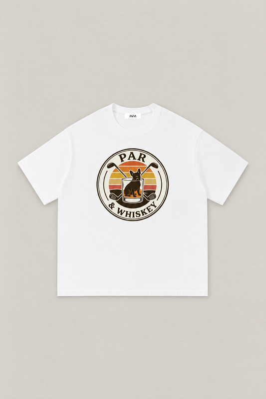 Par & Whiskey French Bulldog Badge Golf Tee in white, flat lay front view. Color: White