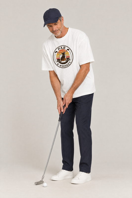 Man lining up a putt in the white Par & Whiskey French Bulldog Badge Golf Tee. Color: White
